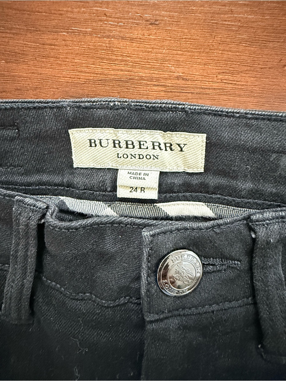 Burberry Black Denim Jeans with Branded Button, Size 24R